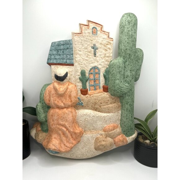 Handcrafted Southwest Wall Art Decor Mexican Church Scene With Cactus & Priest - Picture 3 of 5